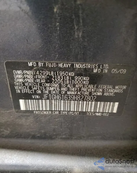 2009 Subaru Impreza 2.5I from USA, damaged, VIN JF1GH61639H827802